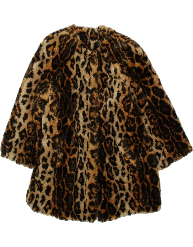 Hooded OvercoatsVINTAGE Womens Faux Fur Coat IT 44 Medium Brown Animal Print Acrylic