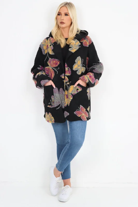 Camping OvercoatsButterfly Print Button Hooded Front Pockets Coat