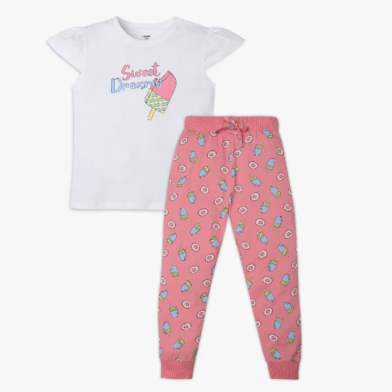 Girls Regular Fit Printed T-Shirt with Trackpant Sleepwear Set