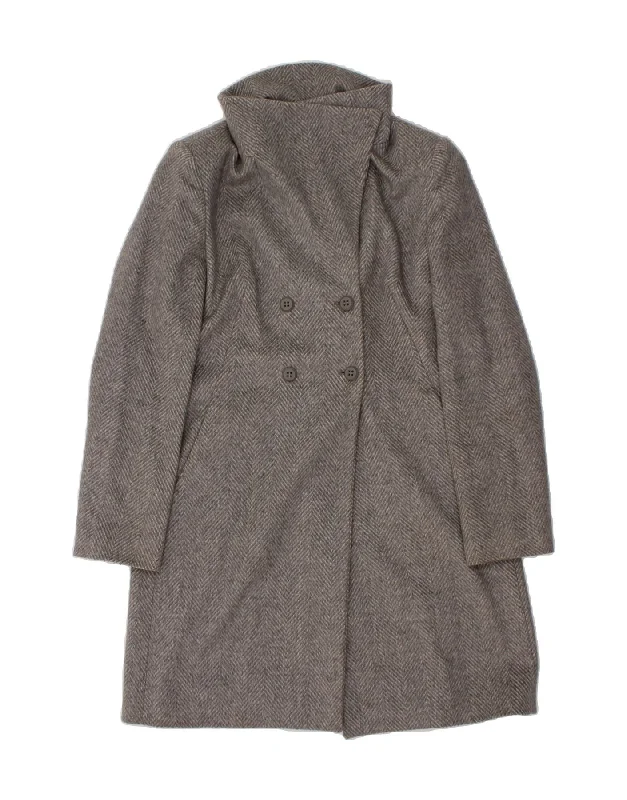 College OvercoatsBENETTON Womens Double Breasted Coat IT 46 Large Grey Herringbone Wool