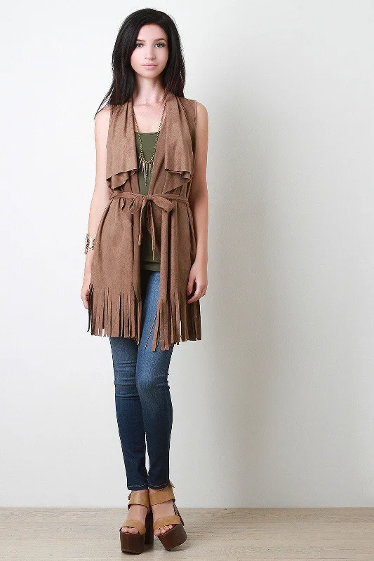 Suedette Belted Fringe Hem Vest