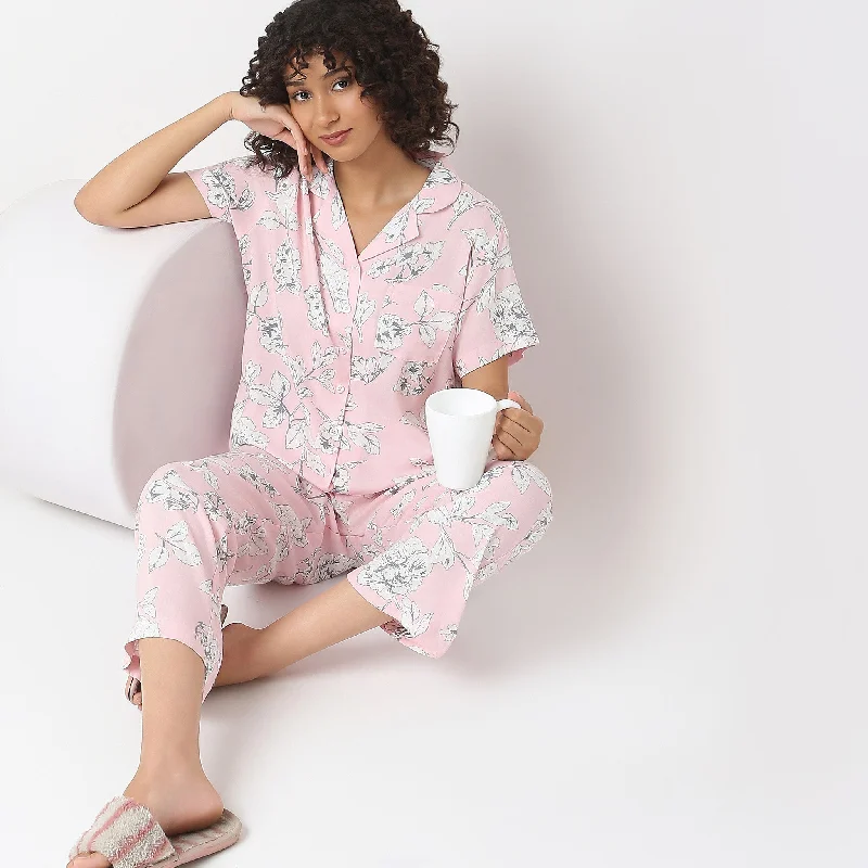 Regular Fit Printed Shirt with Pyjama Set