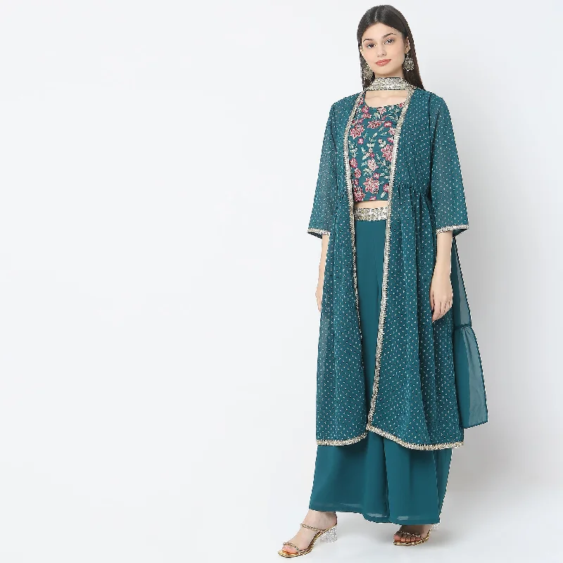 Flare Fit Embroidered Top with Palazzo & Shrug Set