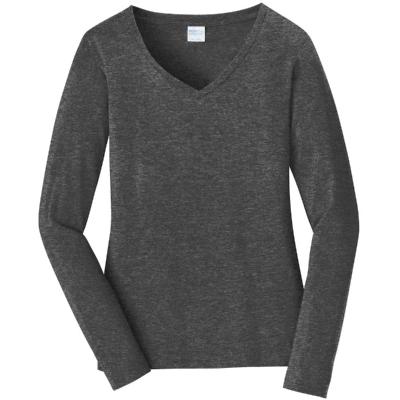 Port & Company Women's Dark Heather Grey Long Sleeve Fan Favorite V-Neck Tee