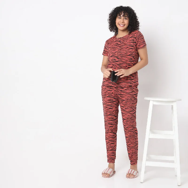 Regular Fit Animal Print Top with Joggers Sleepwear Set