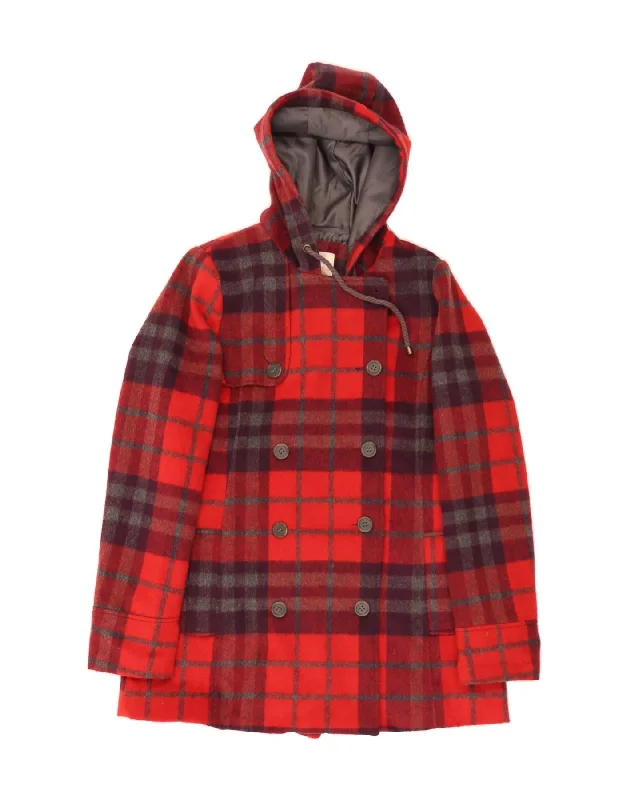 Puffer OvercoatsQUIKSILVER Womens Hooded Double Breasted Coat UK 16 Large Red Check Wool