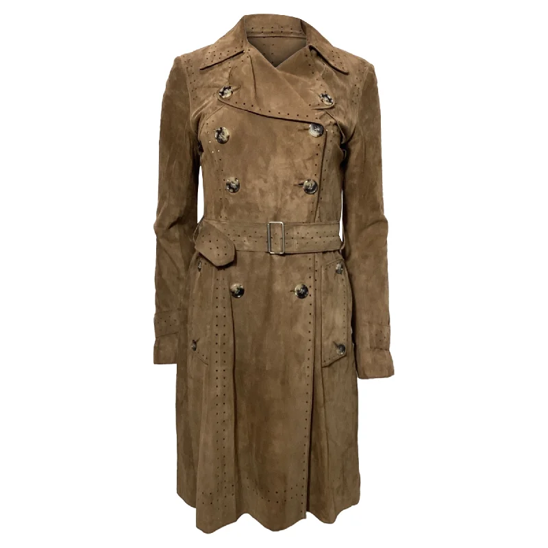 Cropped OvercoatsTheory Perforated Double-Breasted Coat in Brown Suede