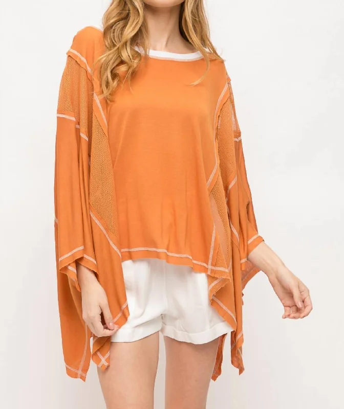 Boatneck Mesh Inset Poncho Top In Orange/ivory