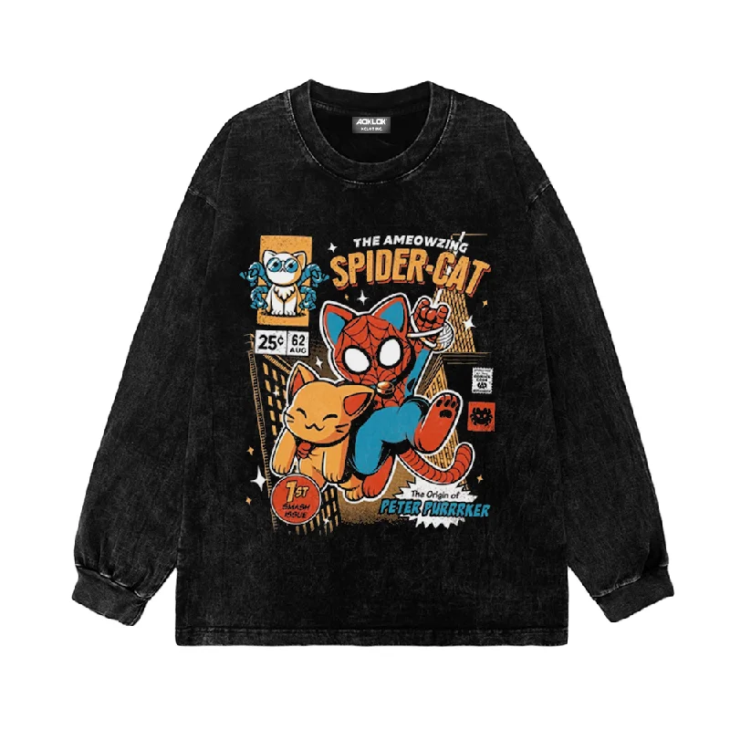 Gym HoodiesRetro Spider Cat Washed Sweatshirt