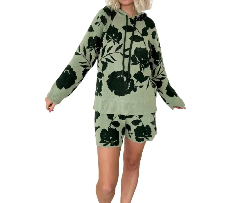 Cozy Club Hoodie Set In Green Floral