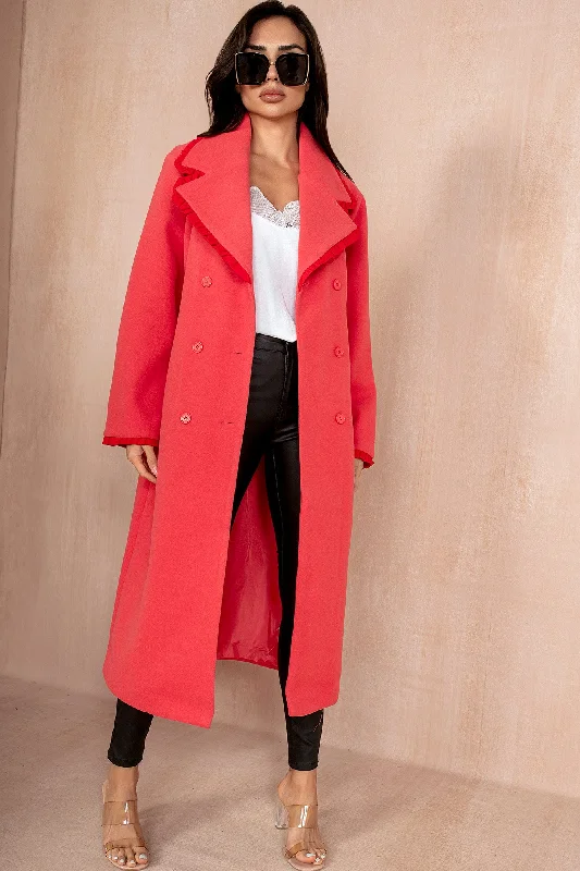 Faux Fur OvercoatsLori Deep Coral Oversized Frill Trim Coat