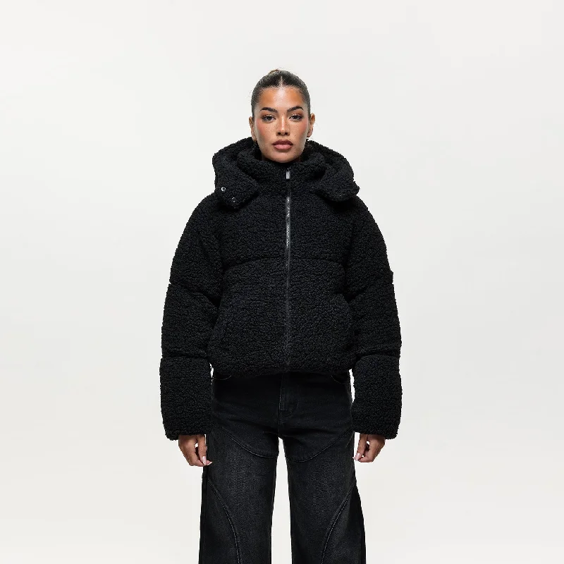 Camping OvercoatsLuxe Sherpa Black Puffer Coat