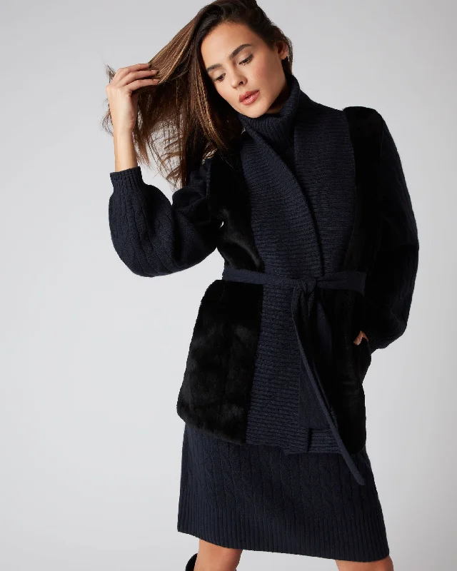 Women's Shearling Belted Cashmere Gilet Navy Blue