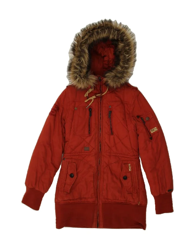 Silk OvercoatsKHUJO Womens Hooded Padded Coat UK 14 Large Red Cotton