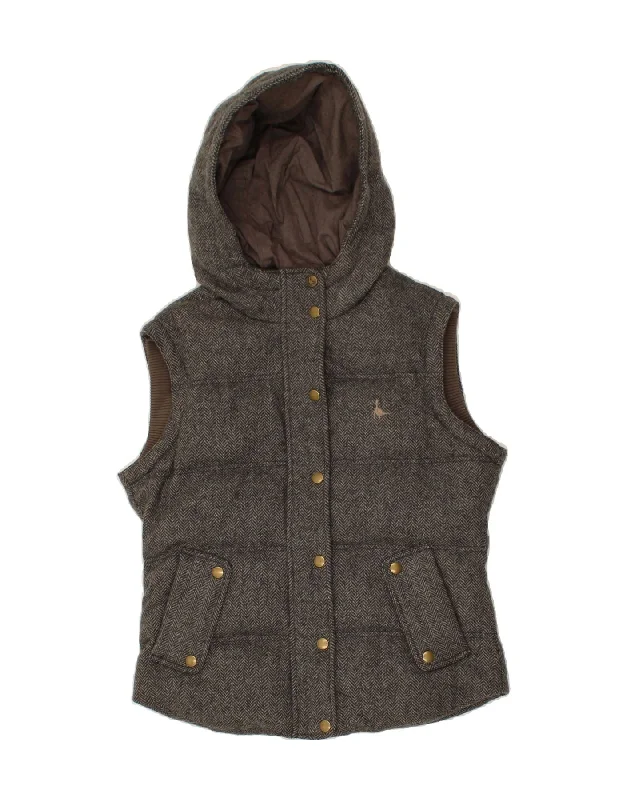 JACK WILLS Womens Hooded Padded Gilet UK 12 Medium Grey Herringbone Wool