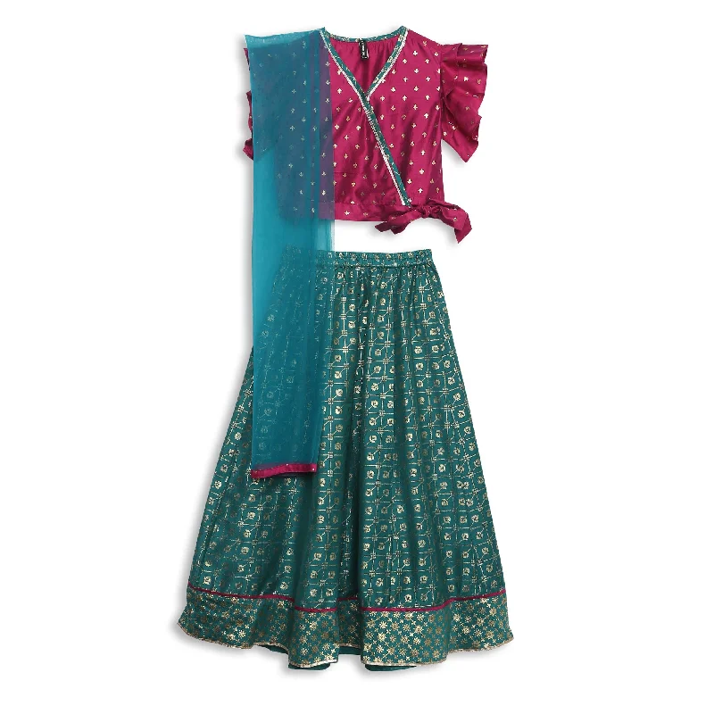 Girls Regular Fit Printed Crop Top and Skirt with Dupatta Set