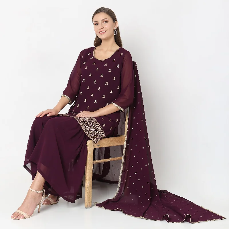 Straight Fit Embroidered Kurta with Sharara & with Dupatta Set