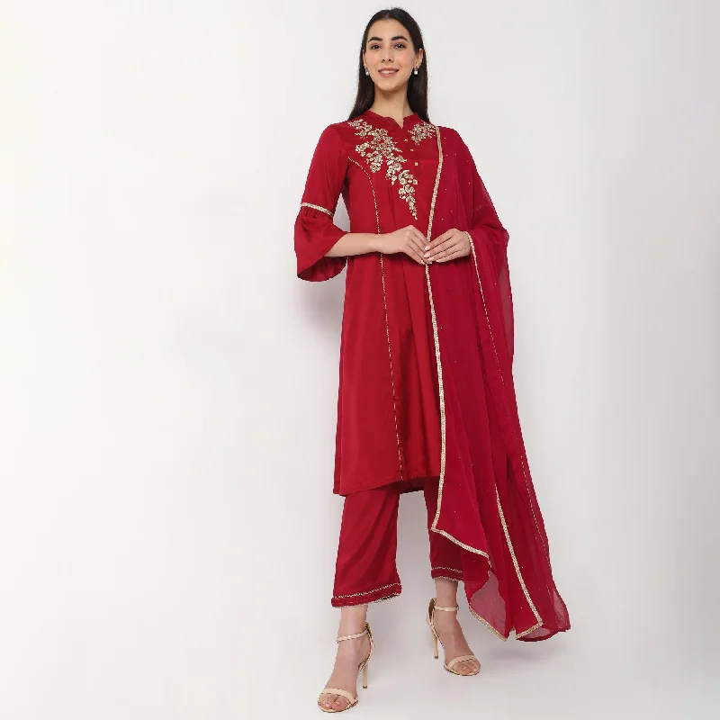 Flare Fit Embroidered Kurta with Palazzo & with Dupatta Set