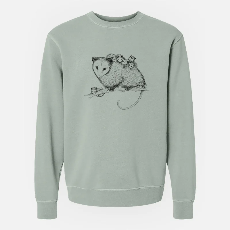 Lace-Up HoodiesMama Opossum with Babies - Unisex Pigment Dyed Crew Sweatshirt