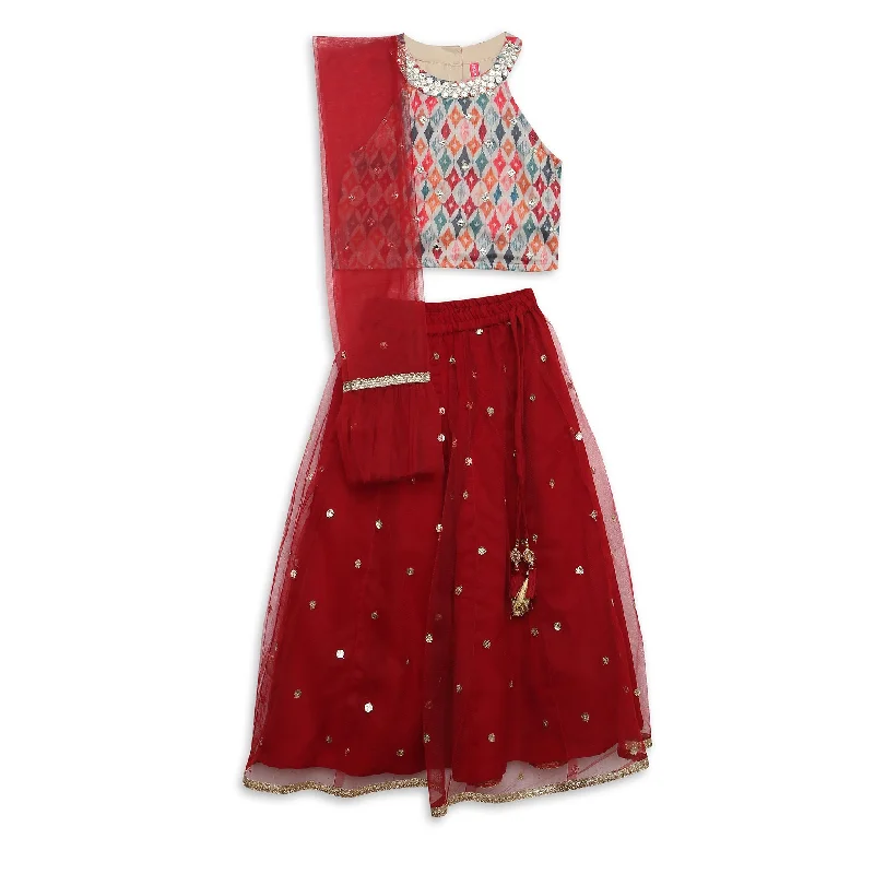 Girls Regular Fit Embellished Crop Top and Skirt with Dupatta Set