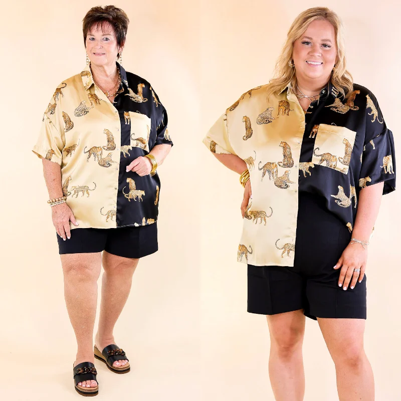 Sequined ShirtsAll Eyes On Me Button Up Cheetah Print Blouse in Black and Gold