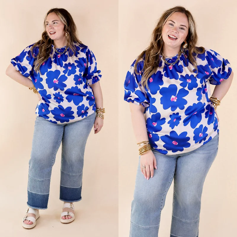 Yoga ShirtsDivine Design Floral Blouse With Puffed Sleeve and Ruffle Neckline in Cobalt Blue