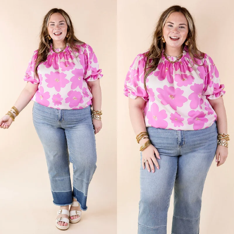 Gym ShirtsDivine Design Floral Blouse With Puffed Sleeve and Ruffle Neckline in Cream White