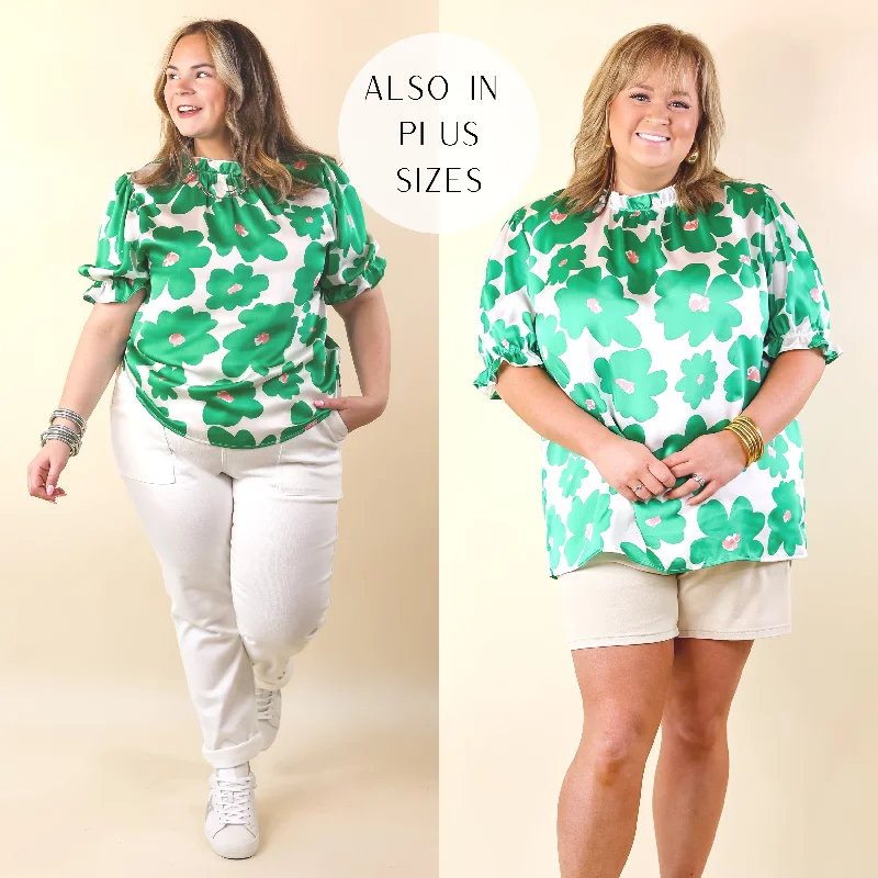 Urban ShirtsDivine Design Floral Blouse With Puffed Sleeve and Ruffle Neckline in Green