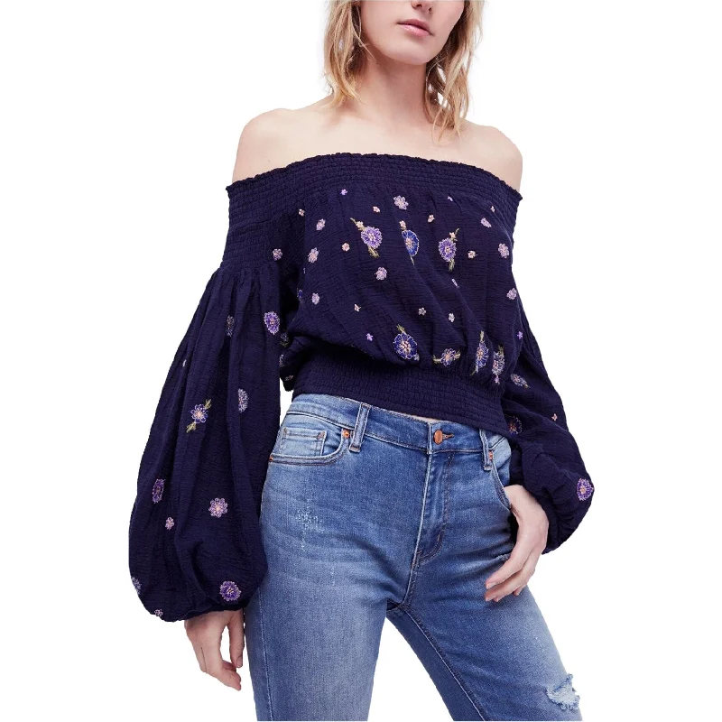 Sports Team ShirtsFree People Womens Saachi Smocked Floral Off the Shoulder Blouse, Blue, X-Small