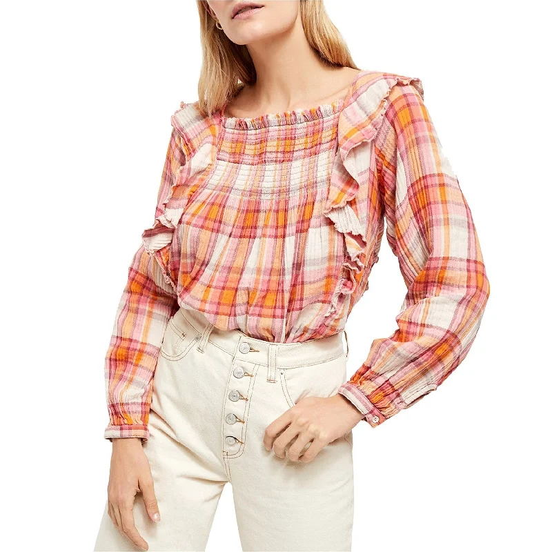 Cultural ShirtsFree People Womens Siena Plaid Ruffled Blouse, Orange, Small