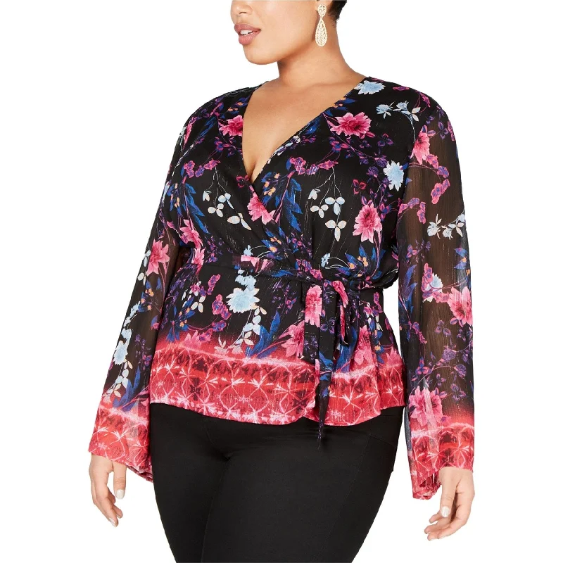 Pocket ShirtsI-N-C Womens Metallic Floral Wrap Blouse