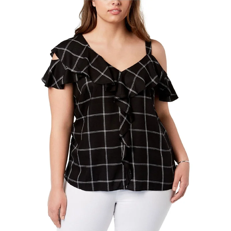 Layered ShirtsI-N-C Womens Plaid Cold Shoulder Blouse, Black, 3X