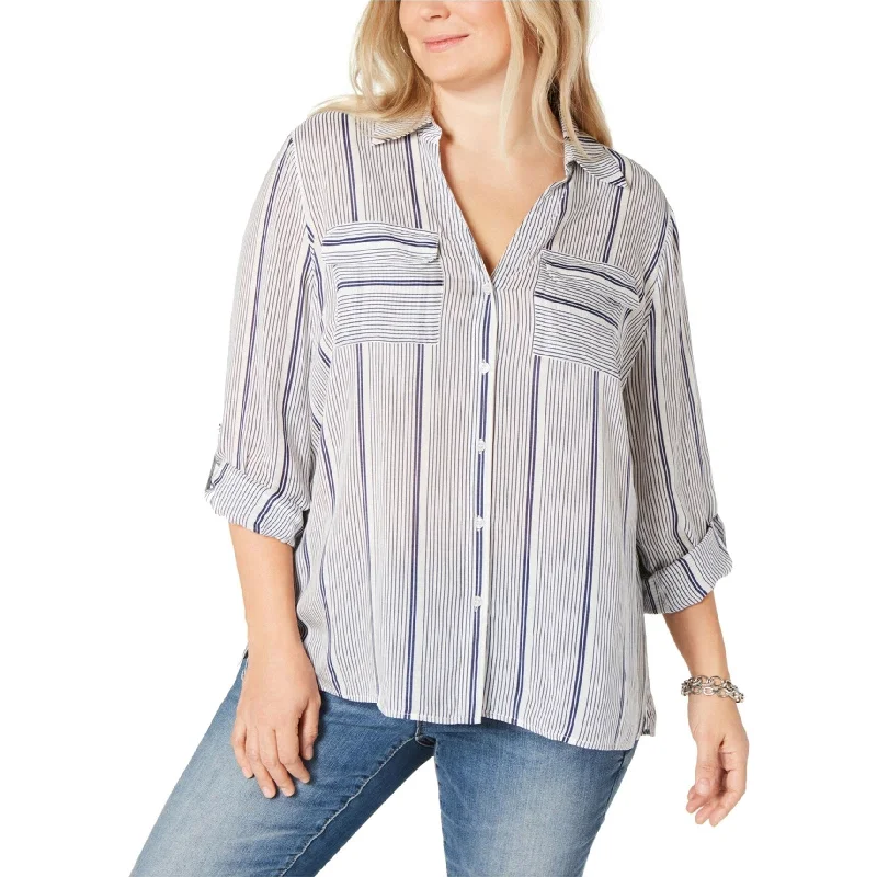 Fringed ShirtsI-N-C Womens Striped Button Down Blouse, Blue, 1X