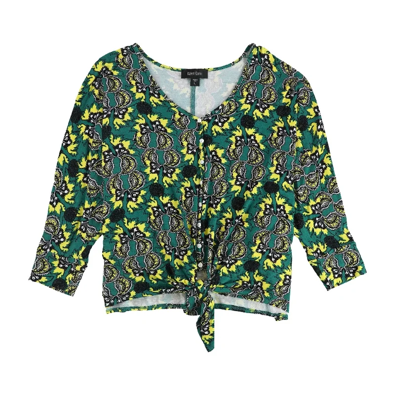 Cotton ShirtsKaren Kane Womens Floral Tie Front Button Down Blouse, Green, Large