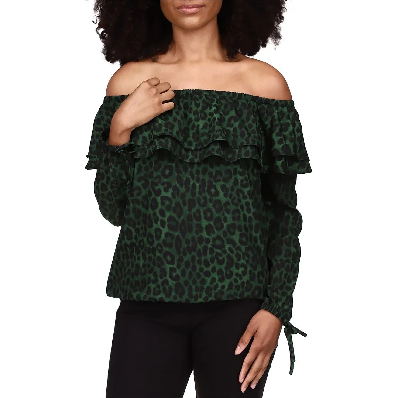 Tasseled ShirtsMichael Kors Womens Cheetah Print Ruffle Off the Shoulder Blouse, Green, Small