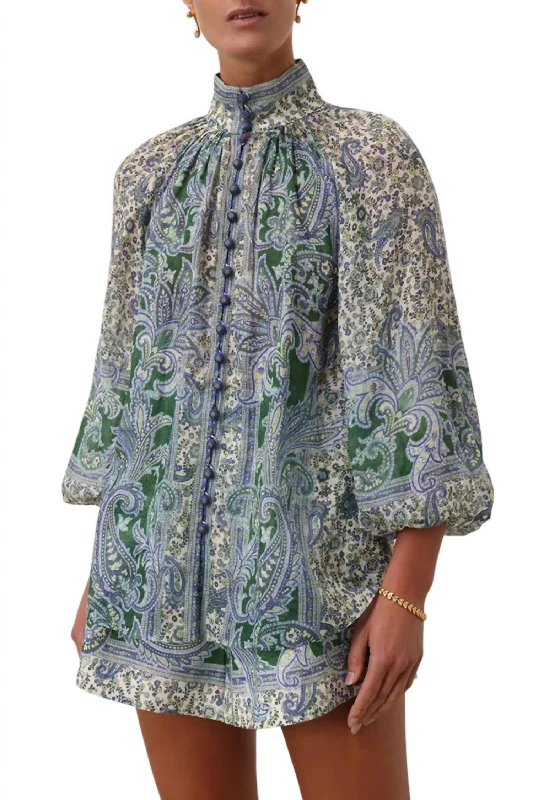 Ruffled ShirtsOttie Billow Blouse Top In Green Paisley