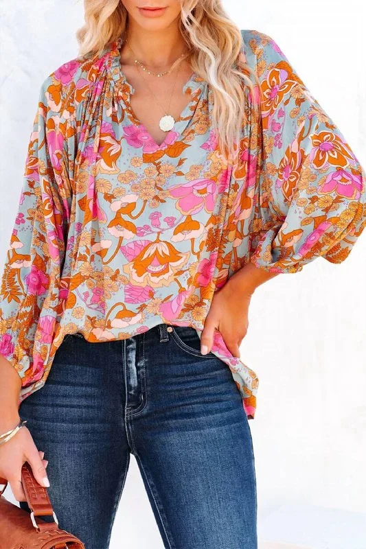 Punk ShirtsRetro Print Blouse In Blue Floral