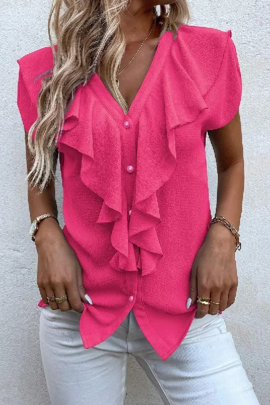 Graphic ShirtsBatwing Sleeve Ruffle Trim Blouse-4 Colors*