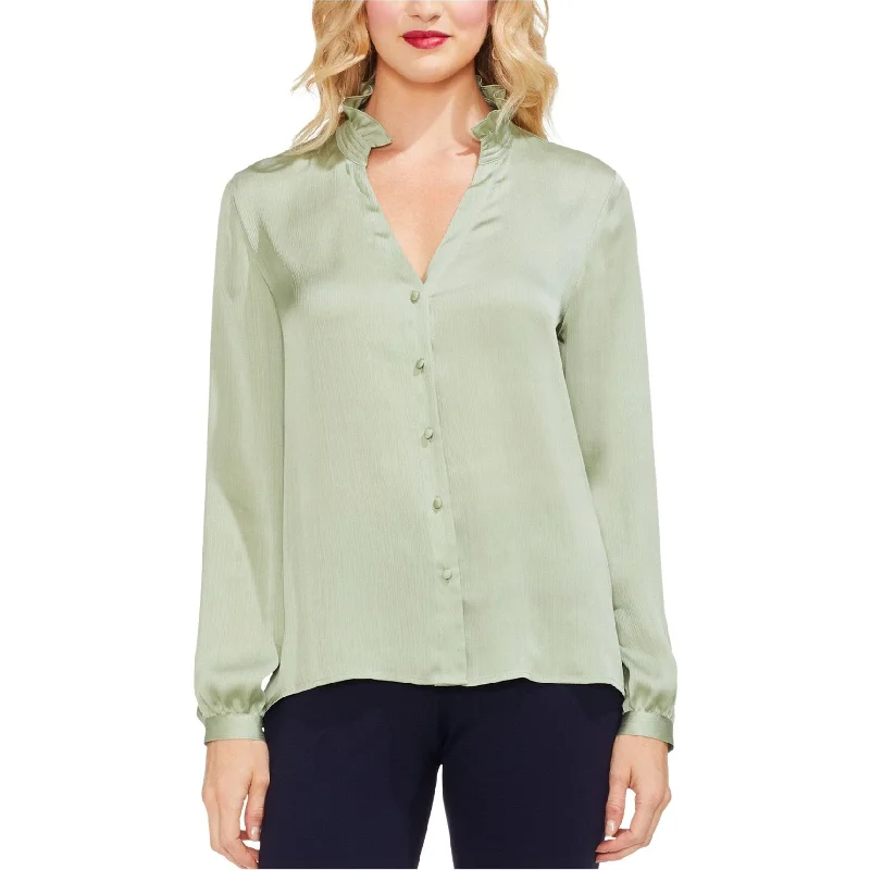 Band Merch ShirtsVince Camuto Womens Ruffle Neck Button Down Blouse, Green, Small