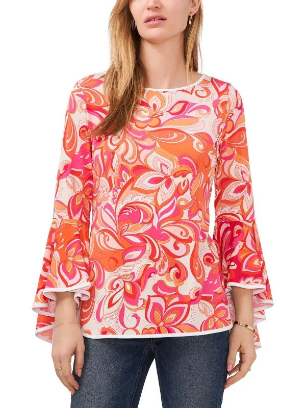 Polyester ShirtsWomens Bell Sleeve Printed Blouse