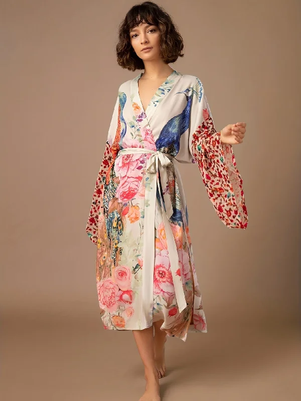 Sherpa JacketsElegant Peacock and Floral Print Kaftan