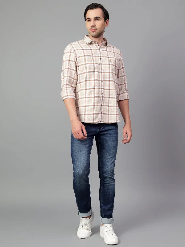 Rainproof JacketsMen's Beige Checked Full Sleeve Casual Shirt