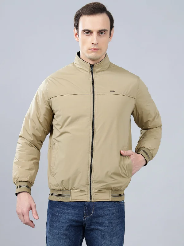 Leather-Paneled JacketsMen's Beige Solid Mock Neck Reversible Winter Jacket