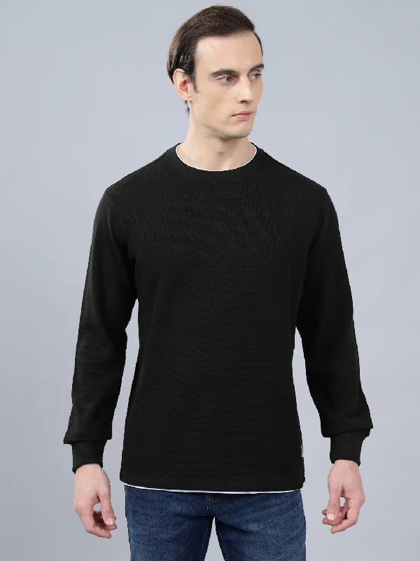 Suede JacketsMen's Black Self Design Full Sleeves T-shirt For Winter