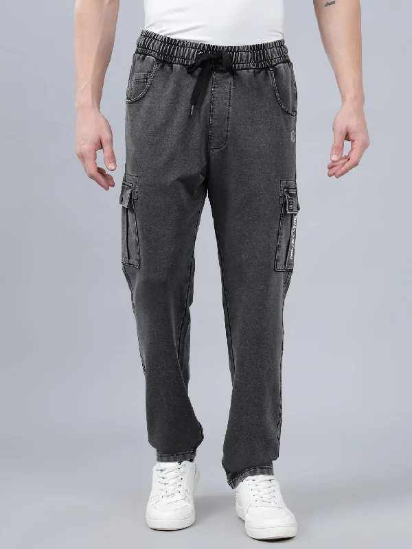 Leather-Paneled JacketsMen's Grey Solid Full Length Winter Cargo Pant