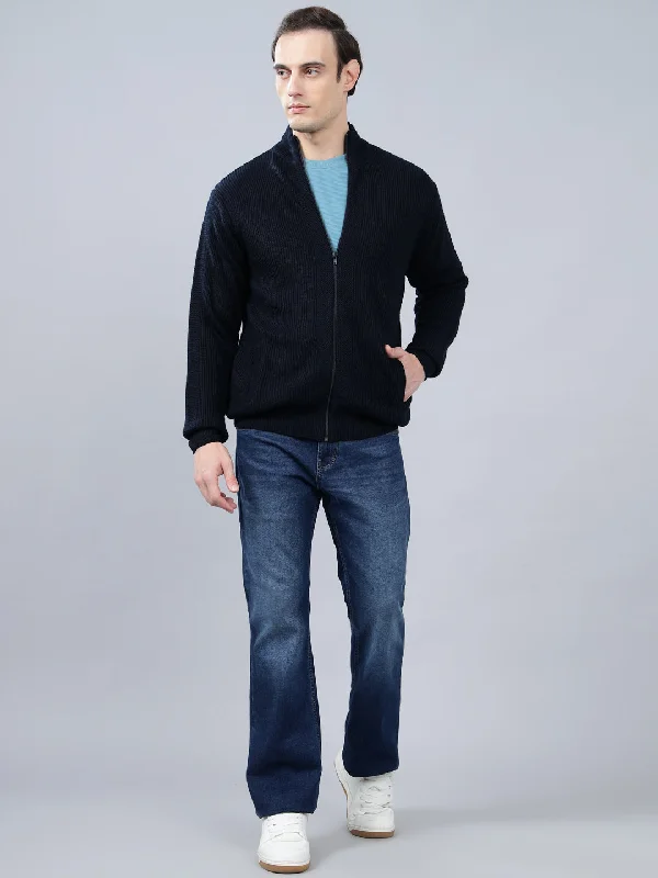 Trench CoatsMen's Jacquard Navy Blue Full Sleeve Sweater