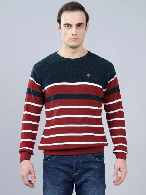 Zippered JacketsMen's Maroon Striped Full Sleeve Sweater