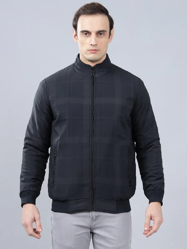 Punk JacketsMen's Navy Blue Checked Mock Neck Reversible Winter Jacket