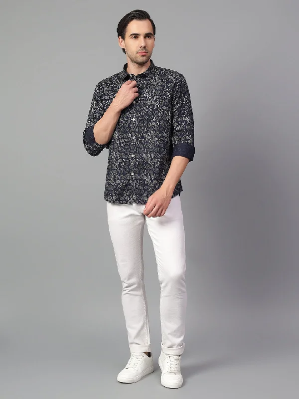 Summer JacketsMen's Navy Blue Printed Full Sleeve Casual Shirt