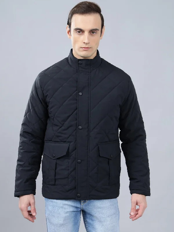 Festival JacketsMen's Navy Blue Solid Stand Collar Winter Jacket